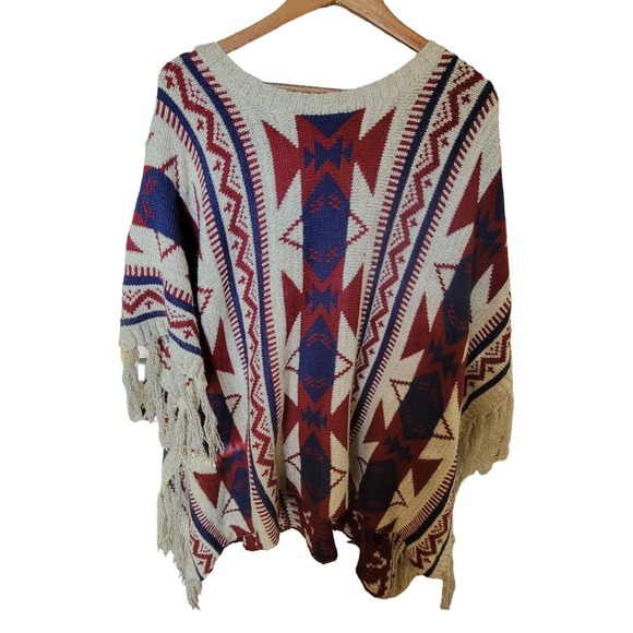 Aztec‎ Fringed Southwest Poncho Sweater Plus Size OS Yellowstone Santa Fe Boho - Picture 2 of 2